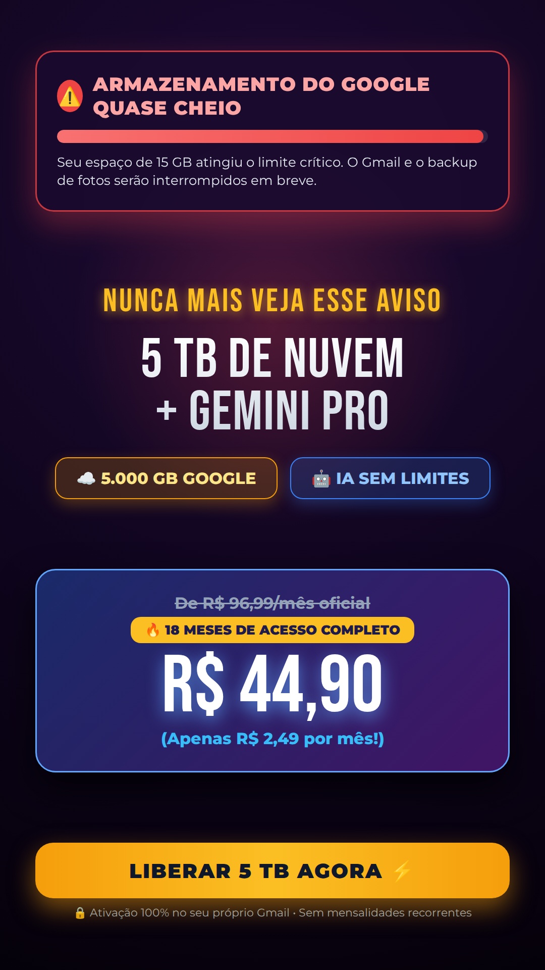 Alerta Real do Google: Armazenamento Quase Cheio